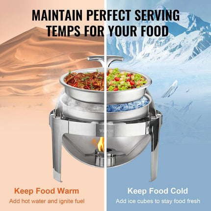 Roll Top Chafing Dish Buffet Set, 5.5L 2 Pack, Stainless Steel Chafer with 2 Full Size Pans, Round Catering Warmer Server with Lid Water Pan Stand Fuel Holder, for at Least 5 People Each.