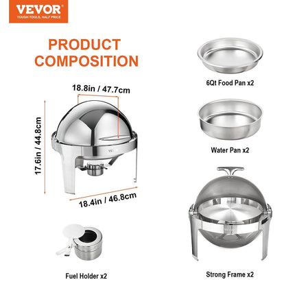 Roll Top Chafing Dish Buffet Set, 5.5L 2 Pack, Stainless Steel Chafer with 2 Full Size Pans, Round Catering Warmer Server with Lid Water Pan Stand Fuel Holder, for at Least 5 People Each.
