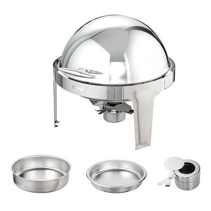 Roll Top Chafing Dish Buffet Set, 5.5L 2 Pack, Stainless Steel Chafer with 2 Full Size Pans, Round Catering Warmer Server with Lid Water Pan Stand Fuel Holder, for at Least 5 People Each.