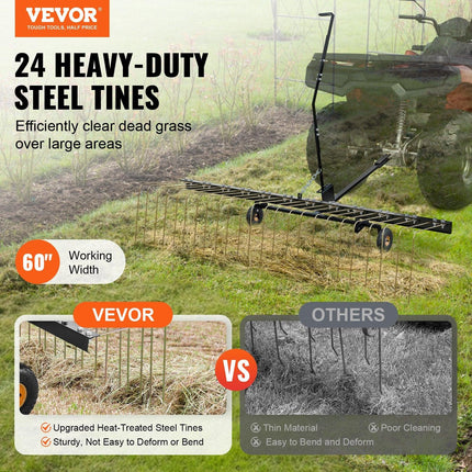 Tow Behind Dethatcher, 1.5m Tow Dethatcher with 24 Steel Tines, Lawn Dethatcher Rake for ATV or Mower, Tow Behind Lawn Rake with Lift Handle for Leaves, Pine Needles, and Grass.