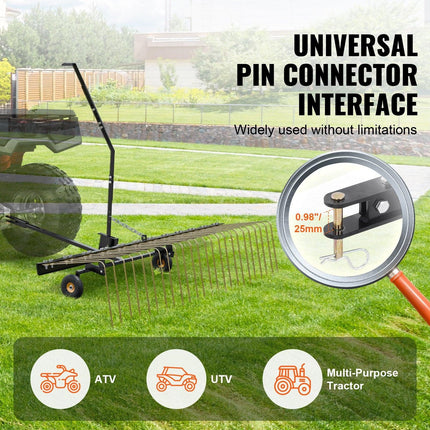 Tow Behind Dethatcher, 1.5m Tow Dethatcher with 24 Steel Tines, Lawn Dethatcher Rake for ATV or Mower, Tow Behind Lawn Rake with Lift Handle for Leaves, Pine Needles, and Grass.