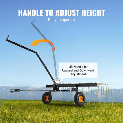 Tow Behind Dethatcher, 1.5m Tow Dethatcher with 24 Steel Tines, Lawn Dethatcher Rake for ATV or Mower, Tow Behind Lawn Rake with Lift Handle for Leaves, Pine Needles, and Grass.