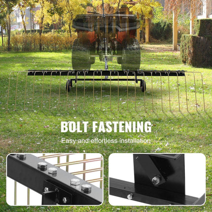 Tow Behind Dethatcher, 1.5m Tow Dethatcher with 24 Steel Tines, Lawn Dethatcher Rake for ATV or Mower, Tow Behind Lawn Rake with Lift Handle for Leaves, Pine Needles, and Grass.