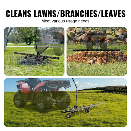 Tow Behind Dethatcher, 1.5m Tow Dethatcher with 24 Steel Tines, Lawn Dethatcher Rake for ATV or Mower, Tow Behind Lawn Rake with Lift Handle for Leaves, Pine Needles, and Grass.
