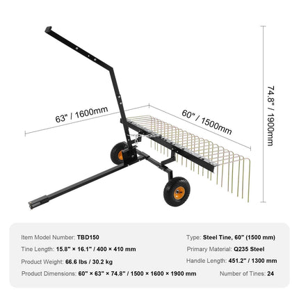 Tow Behind Dethatcher, 1.5m Tow Dethatcher with 24 Steel Tines, Lawn Dethatcher Rake for ATV or Mower, Tow Behind Lawn Rake with Lift Handle for Leaves, Pine Needles, and Grass.