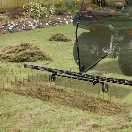 Tow Behind Dethatcher, 1.5m Tow Dethatcher with 24 Steel Tines, Lawn Dethatcher Rake for ATV or Mower, Tow Behind Lawn Rake with Lift Handle for Leaves, Pine Needles, and Grass.