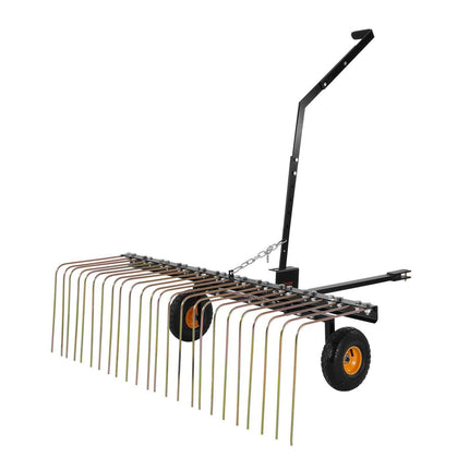 Tow Behind Dethatcher, 1.5m Tow Dethatcher with 24 Steel Tines, Lawn Dethatcher Rake for ATV or Mower, Tow Behind Lawn Rake with Lift Handle for Leaves, Pine Needles, and Grass.