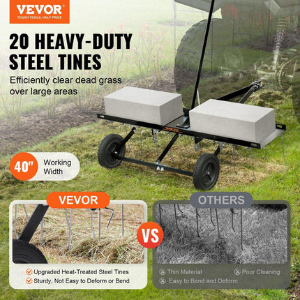Tow Behind Dethatcher, 1015mm Tow Dethatcher with 20 Spring Steel Tines, Lawn Dethatcher Rake for ATV or Mower, Tow Behind Lawn Rake with Lift Handle for Garden Farm Grass.