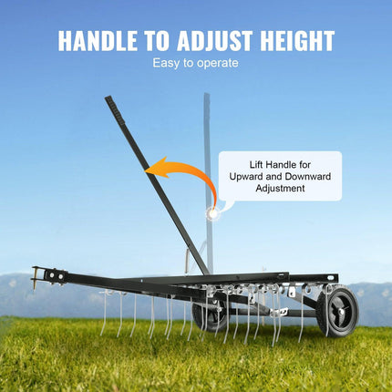 Tow Behind Dethatcher, 1015mm Tow Dethatcher with 20 Spring Steel Tines, Lawn Dethatcher Rake for ATV or Mower, Tow Behind Lawn Rake with Lift Handle for Garden Farm Grass.