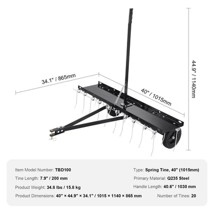 Tow Behind Dethatcher, 1015mm Tow Dethatcher with 20 Spring Steel Tines, Lawn Dethatcher Rake for ATV or Mower, Tow Behind Lawn Rake with Lift Handle for Garden Farm Grass.
