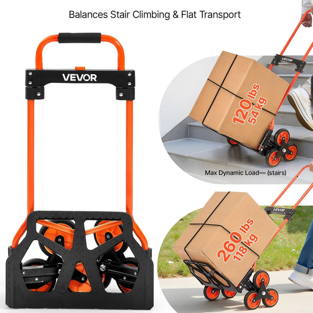 Stair Climbing Cart, 54 kg Stair-Climbing Capacity, Portable Folding Trolley Cart with Telescoping Handle, 6 Wheels and 2 Bungee Cords, Stair Climber Dolly for Home, Groceries, Warehouse.