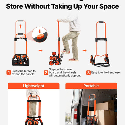 Stair Climbing Cart, 54 kg Stair-Climbing Capacity, Portable Folding Trolley Cart with Telescoping Handle, 6 Wheels and 2 Bungee Cords, Stair Climber Dolly for Home, Groceries, Warehouse.