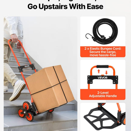 Stair Climbing Cart, 54 kg Stair-Climbing Capacity, Portable Folding Trolley Cart with Telescoping Handle, 6 Wheels and 2 Bungee Cords, Stair Climber Dolly for Home, Groceries, Warehouse.