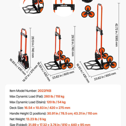 Stair Climbing Cart, 54 kg Stair-Climbing Capacity, Portable Folding Trolley Cart with Telescoping Handle, 6 Wheels and 2 Bungee Cords, Stair Climber Dolly for Home, Groceries, Warehouse.