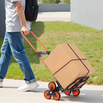 Stair Climbing Cart, 54 kg Stair-Climbing Capacity, Portable Folding Trolley Cart with Telescoping Handle, 6 Wheels and 2 Bungee Cords, Stair Climber Dolly for Home, Groceries, Warehouse.