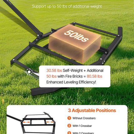 Drag Harrow, 66" Width Tow Behind Drag Harrow, Q235 Steel Driveway Grader with Adjustable Bars & Pin Hitch, Support up to 50 lbs, Tractor Driveway Harrow for ATVs, UTVs, Garden Lawn Tractors.