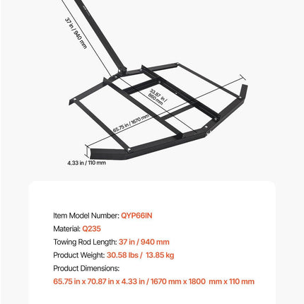 Drag Harrow, 66" Width Tow Behind Drag Harrow, Q235 Steel Driveway Grader with Adjustable Bars & Pin Hitch, Support up to 50 lbs, Tractor Driveway Harrow for ATVs, UTVs, Garden Lawn Tractors.