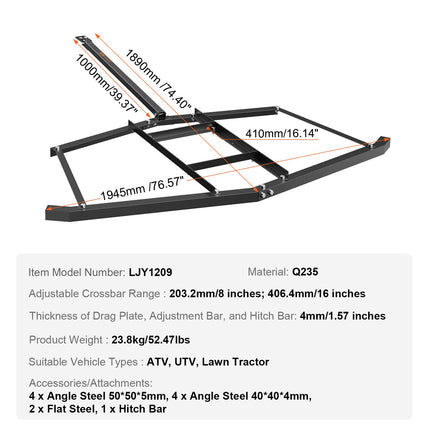 Driveway Drag, 76.57" Width Tow Behind Drag Harrow, Q235 Steel Driveway Grader with Adjustable Bars, Support up to 50 lbs, Driveway Tractor Harrow for ATVs, UTVs, Garden Lawn Tractors.