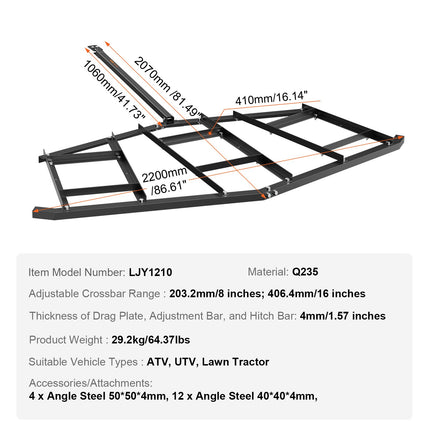 Driveway Drag, 84" Width Tow Behind Drag Harrow, Q235 Steel Driveway Grader with Adjustable Bars, Support up to 50 lbs, Driveway Tractor Harrow for ATVs, UTVs, Garden Lawn Tractors.