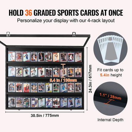 36 Graded Sports Card Display Case, 775 x 617 x 55 mm, Baseball Card Display Frame with 98% UV Protection Clear View PC Glass, Lockable Wall Cabinet for Football Basketball Hockey Trading Card.