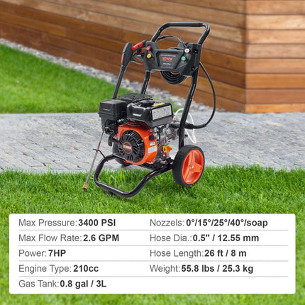 VEVOR Gas Pressure Washer Gas Powered Washer 3400 PSI 2.6 GPM 210cc 5 Nozzles.