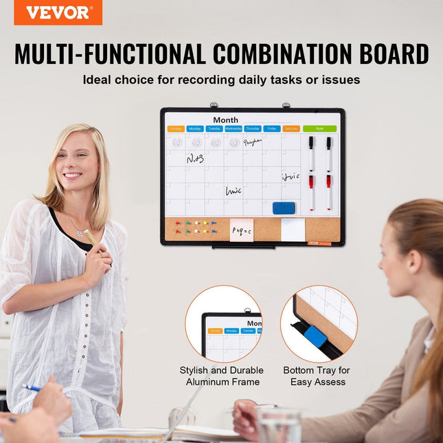 24"x 18" Monthly Calendar Whiteboard & Cork Board Combo with Aluminum Frame – 2-in-1 Magnetic Dry Erase Bulletin Board for Wall Mount – Ideal for School, Home, Office.