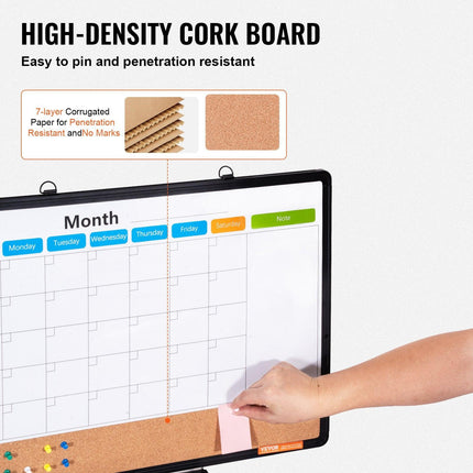 24"x 18" Monthly Calendar Whiteboard & Cork Board Combo with Aluminum Frame – 2-in-1 Magnetic Dry Erase Bulletin Board for Wall Mount – Ideal for School, Home, Office.