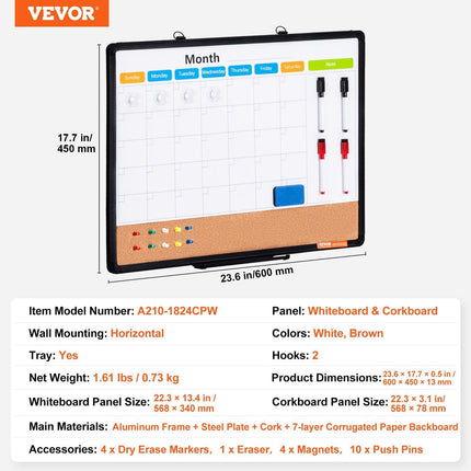 24"x 18" Monthly Calendar Whiteboard & Cork Board Combo with Aluminum Frame – 2-in-1 Magnetic Dry Erase Bulletin Board for Wall Mount – Ideal for School, Home, Office.