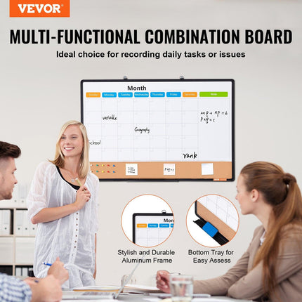 36"x 24" Monthly Calendar Whiteboard & Cork Board Combo with Aluminum Frame – 2-in-1 Magnetic Dry Erase Bulletin Board for Wall Mount – Ideal for School, Home, Office.