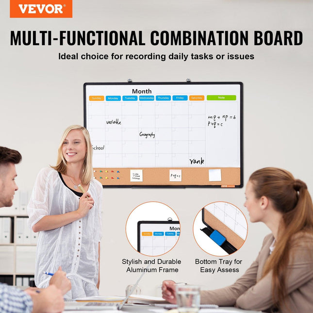 36"x 24" Monthly Calendar Whiteboard & Cork Board Combo with Aluminum Frame – 2-in-1 Magnetic Dry Erase Bulletin Board for Wall Mount – Ideal for School, Home, Office.