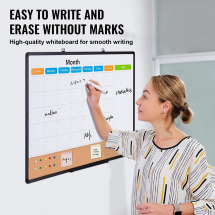 36"x 24" Monthly Calendar Whiteboard & Cork Board Combo with Aluminum Frame – 2-in-1 Magnetic Dry Erase Bulletin Board for Wall Mount – Ideal for School, Home, Office.