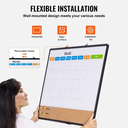 36"x 24" Monthly Calendar Whiteboard & Cork Board Combo with Aluminum Frame – 2-in-1 Magnetic Dry Erase Bulletin Board for Wall Mount – Ideal for School, Home, Office.