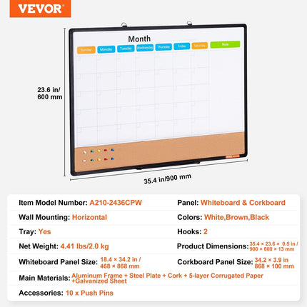 36"x 24" Monthly Calendar Whiteboard & Cork Board Combo with Aluminum Frame – 2-in-1 Magnetic Dry Erase Bulletin Board for Wall Mount – Ideal for School, Home, Office.