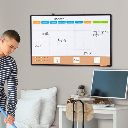 36"x 24" Monthly Calendar Whiteboard & Cork Board Combo with Aluminum Frame – 2-in-1 Magnetic Dry Erase Bulletin Board for Wall Mount – Ideal for School, Home, Office.