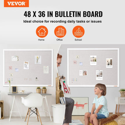 48"x36" White Cork Board with Linen Surface – Stylish Wall-Mounted Bulletin Board for Home, School, Office – Elegant & Functional Noticeboard.