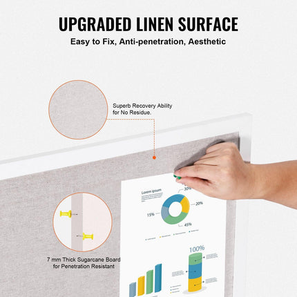 48"x36" White Cork Board with Linen Surface – Stylish Wall-Mounted Bulletin Board for Home, School, Office – Elegant & Functional Noticeboard.