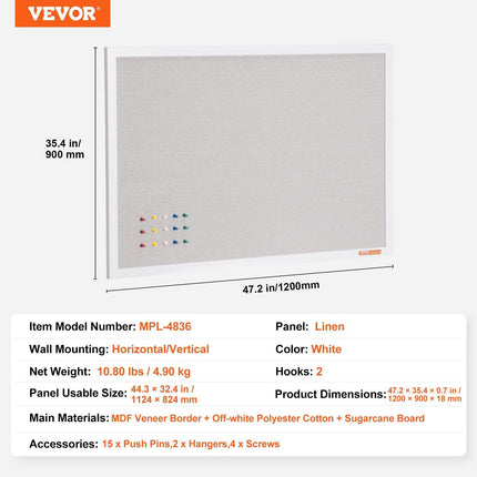 48"x36" White Cork Board with Linen Surface – Stylish Wall-Mounted Bulletin Board for Home, School, Office – Elegant & Functional Noticeboard.