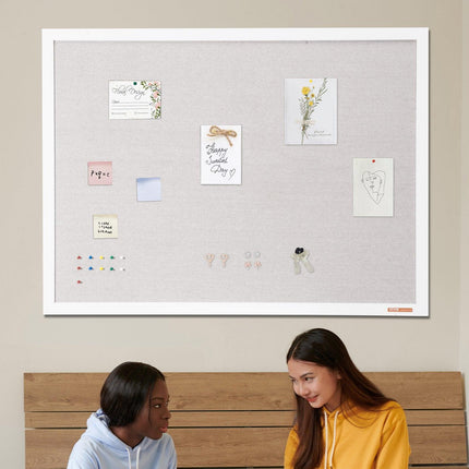 48"x36" White Cork Board with Linen Surface – Stylish Wall-Mounted Bulletin Board for Home, School, Office – Elegant & Functional Noticeboard.