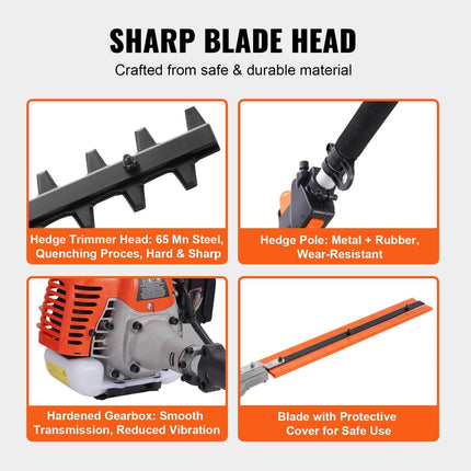 15.7-inch 26CC 2 Cycle Gas Hedge Trimmer, Gas Powered Pole Hedge Trimmer with Dual Sided Dual Action Blade, Adjustable Trimmer Head, Suitable for Trimming Shrubs, Bushes.
