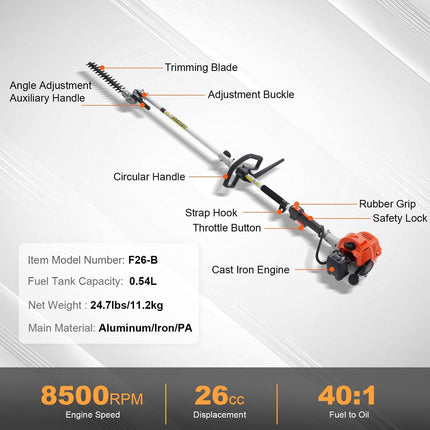 15.7-inch 26CC 2 Cycle Gas Hedge Trimmer, Gas Powered Pole Hedge Trimmer with Dual Sided Dual Action Blade, Adjustable Trimmer Head, Suitable for Trimming Shrubs, Bushes.