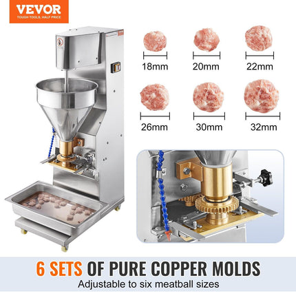 Commercial Meatball Forming Machine, 280 PCs/min Automatic Meatball Maker, 1100W Electric Fish Beef Pork Shrimp Ball Making Tool, Stainless Steel Meatball Former with 18/20/22/26/30/32 mm Models.