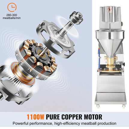 Commercial Meatball Forming Machine, 280 PCs/min Automatic Meatball Maker, 1100W Electric Fish Beef Pork Shrimp Ball Making Tool, Stainless Steel Meatball Former with 18/20/22/26/30/32 mm Models.