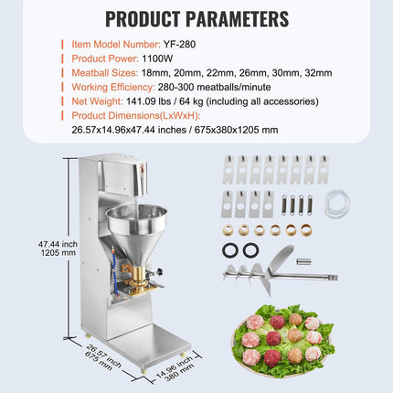Commercial Meatball Forming Machine, 280 PCs/min Automatic Meatball Maker, 1100W Electric Fish Beef Pork Shrimp Ball Making Tool, Stainless Steel Meatball Former with 18/20/22/26/30/32 mm Models.
