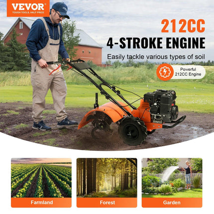 Tiller Cultivator Gas Powered, 212CC 4-Stroke Garden Cultivator, Tiller with 4 Steel Adjustable Rear Tines for Lawn, Garden and Field Soil Cultivation.