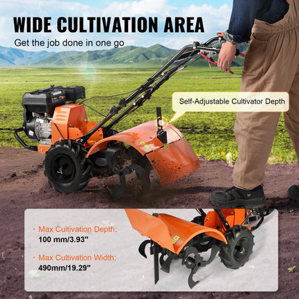 Tiller Cultivator Gas Powered, 212CC 4-Stroke Garden Cultivator, Tiller with 4 Steel Adjustable Rear Tines for Lawn, Garden and Field Soil Cultivation.