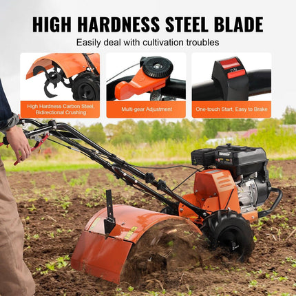 Tiller Cultivator Gas Powered, 212CC 4-Stroke Garden Cultivator, Tiller with 4 Steel Adjustable Rear Tines for Lawn, Garden and Field Soil Cultivation.