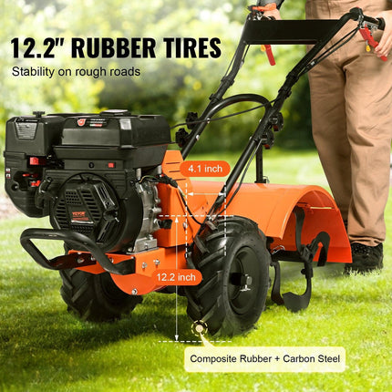 Tiller Cultivator Gas Powered, 212CC 4-Stroke Garden Cultivator, Tiller with 4 Steel Adjustable Rear Tines for Lawn, Garden and Field Soil Cultivation.