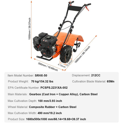 Tiller Cultivator Gas Powered, 212CC 4-Stroke Garden Cultivator, Tiller with 4 Steel Adjustable Rear Tines for Lawn, Garden and Field Soil Cultivation.