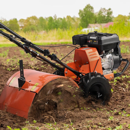 Tiller Cultivator Gas Powered, 212CC 4-Stroke Garden Cultivator, Tiller with 4 Steel Adjustable Rear Tines for Lawn, Garden and Field Soil Cultivation.