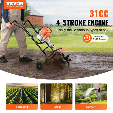 Tiller Cultivator Gas Powered, 31CC 4-Stroke Garden Cultivator, Tiller with 4 Steel Adjustable Front Tines for Lawn, Garden and Field Soil Cultivation.